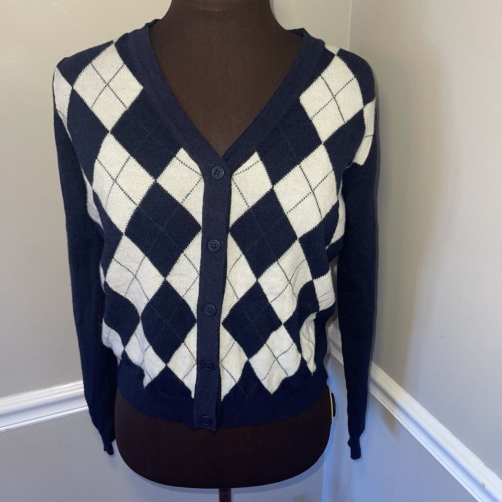 Brandy Melville Wool Cashmere Argyle Cardigan Sweater Navy One Size NWT Preppy
